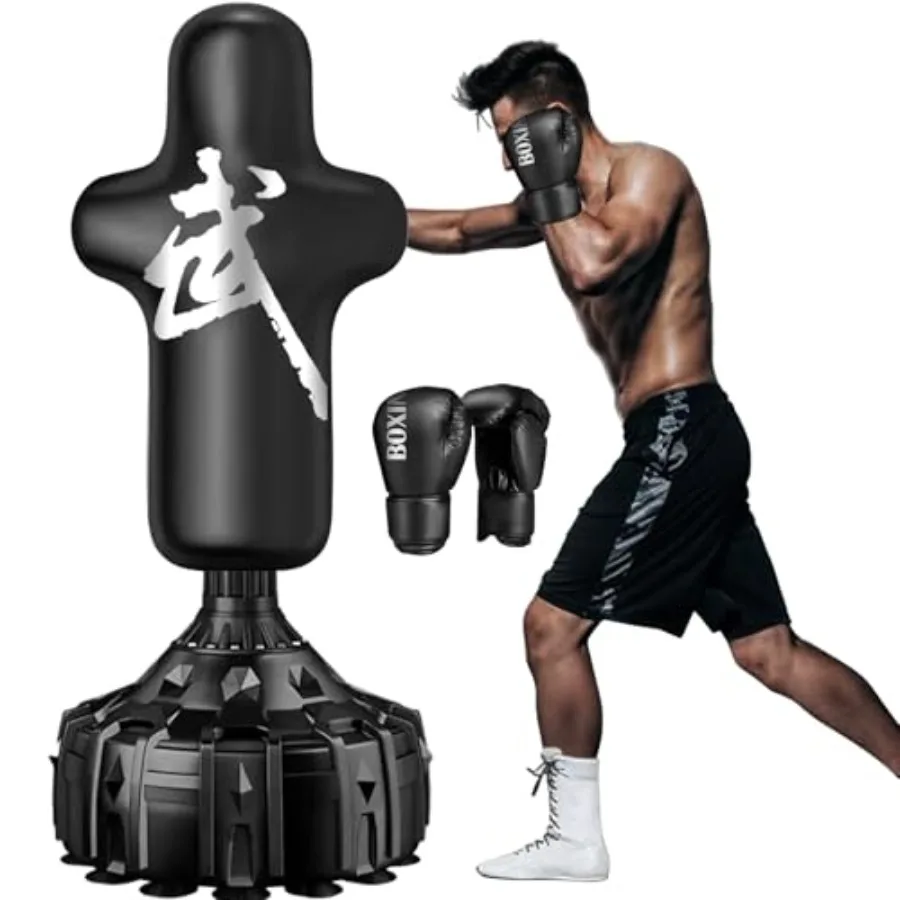 حقيبة ملاكمة قائمة بذاتها مقاس 70 بوصة مع قفازات ملاكمة حقيبة كيك بوكسينغ شديدة التحمل للرجال البالغين مع قاعدة كوب شفط باللون الأسود