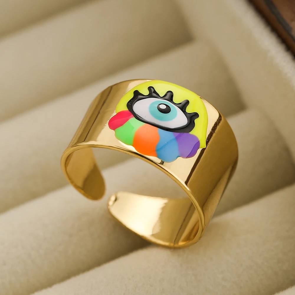 New Fashion Personality Lucky Eye Rings For Women Men Gold Color Bohemian Colorful Drip Oil Jewelry Gift Femme Bijoux