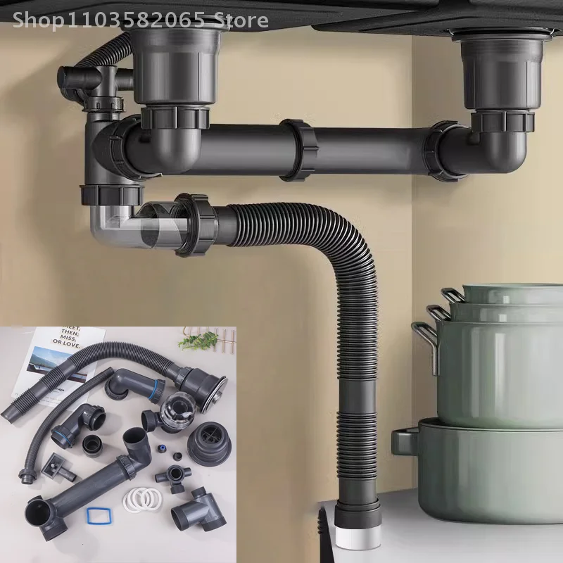 Sink Drain Pipe Single And Double Sink Anti-odour Drain Pipe Tee Sink Drain Kitchen Wash Basin Sink Bathroom Downpipe Fittings