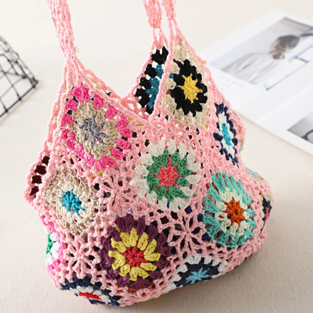 Women Tote Bag Floral Crochet Large Capacity Knitted Bag Trendy Handmade Cut-out Boho Bag Vintage Multicolor Hollow Out Handbag