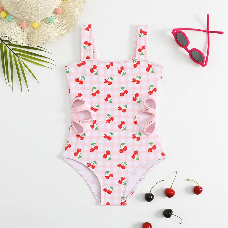 

Girls One Piece Swimsuits Cute Cherry Print Hollow Swimwear Kids Beach Bathing Suit Quick Dry Children Swimwear