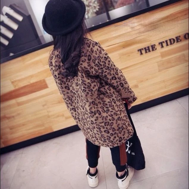 Girls Woolen Coat 2024 New Korean Winter Outfit with Fashion Leopard Print Children Clothes Warm Baby Woolen Coat Trend