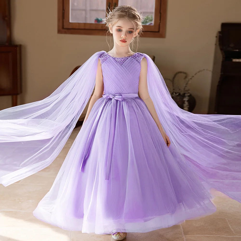فستان أنيق طويل من الشاش الوردي للفتيات الصغيرات مناسب لحفلات الزفاف وحفلات أعياد الميلاد