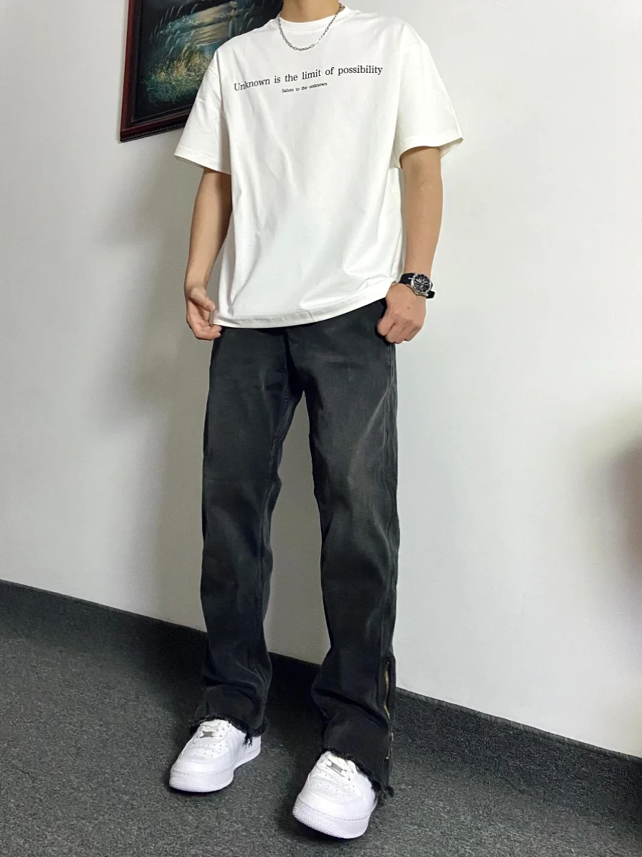 Waed adient Bla Jeans Men's High Street American Vibe Spring Autumn Casual Long Pants Slit Micro Flared Pants