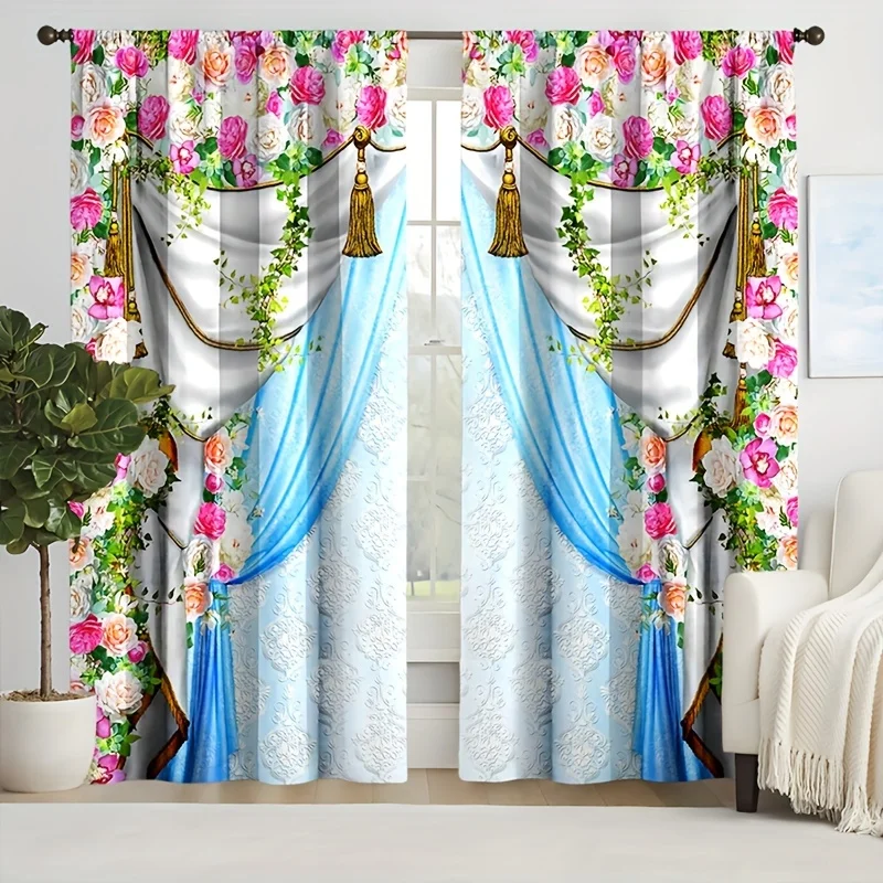 2pcs Gorgeous Flower Curtain Creative 3D Pattern Print Curtain Living Room Bedroom 3D Digital Printing Curtain Office Home Decor