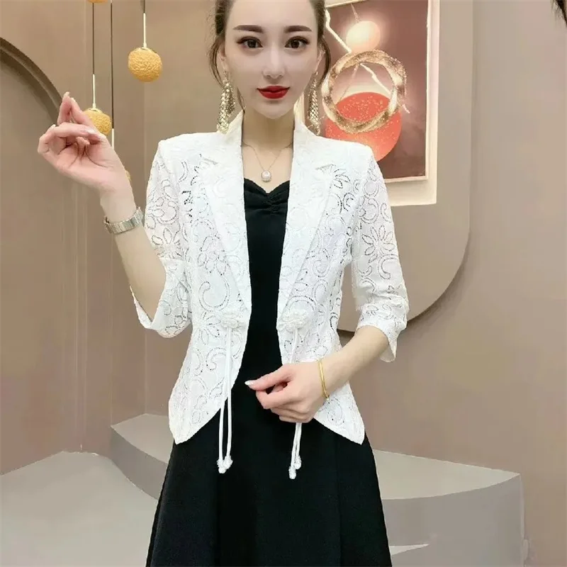 Summer New Blazer Women\'s Korean Fashion Lace Hollowed Out Cropped Sleeves Temperament Slim Lady Sunscreen Clothing Tops 2024