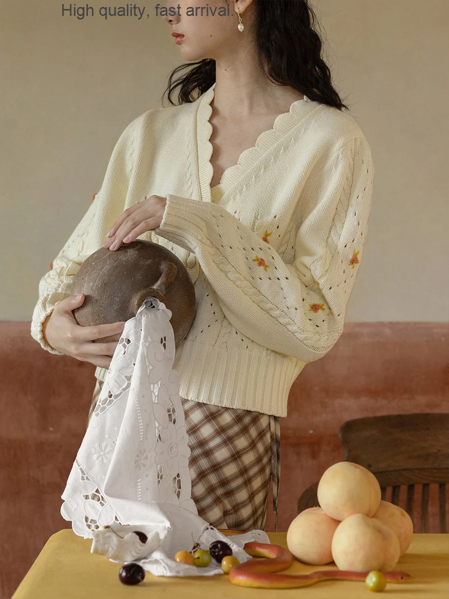 Almond Handmade White Crochet Cardigan Vintage Knitted Gentle Sweater Top Coat Female Early Autumn cropped sweater brown