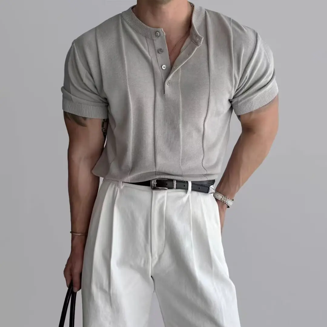 

Henry Collar ort Sve Knitted Casual Top Men's Summer New Design Simple Match Pure Color T-irt Elastic f Sve