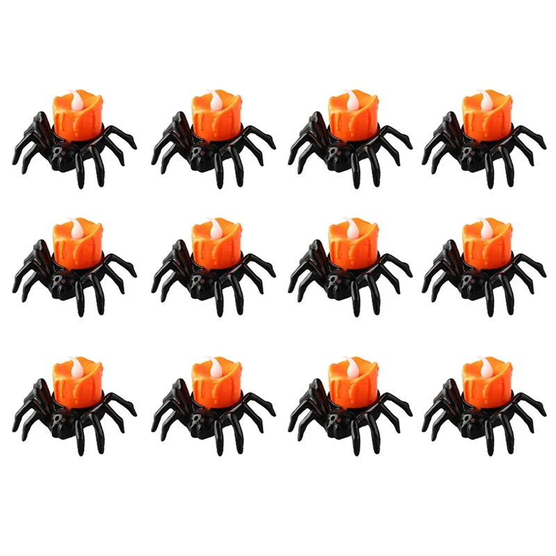 12 PCS Halloween Tea Lights Candles, Halloween Spider Tealights Spooky Electric Flickering Candles for Halloween