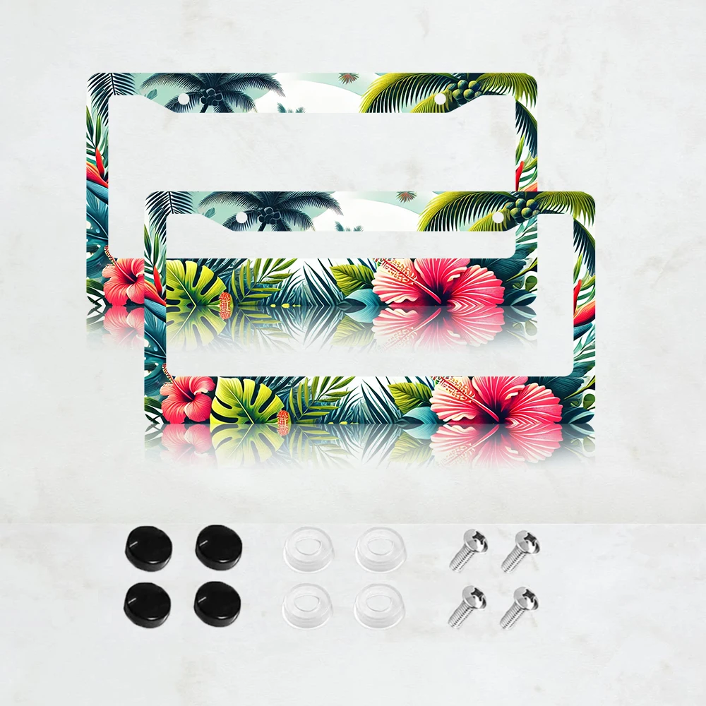 

2PC Hibiscus Flowers License Plate Frame Beautiful Hawaii Palm Tree Hibiscus Floral License Plate Colorful Aluminum Auto Parts