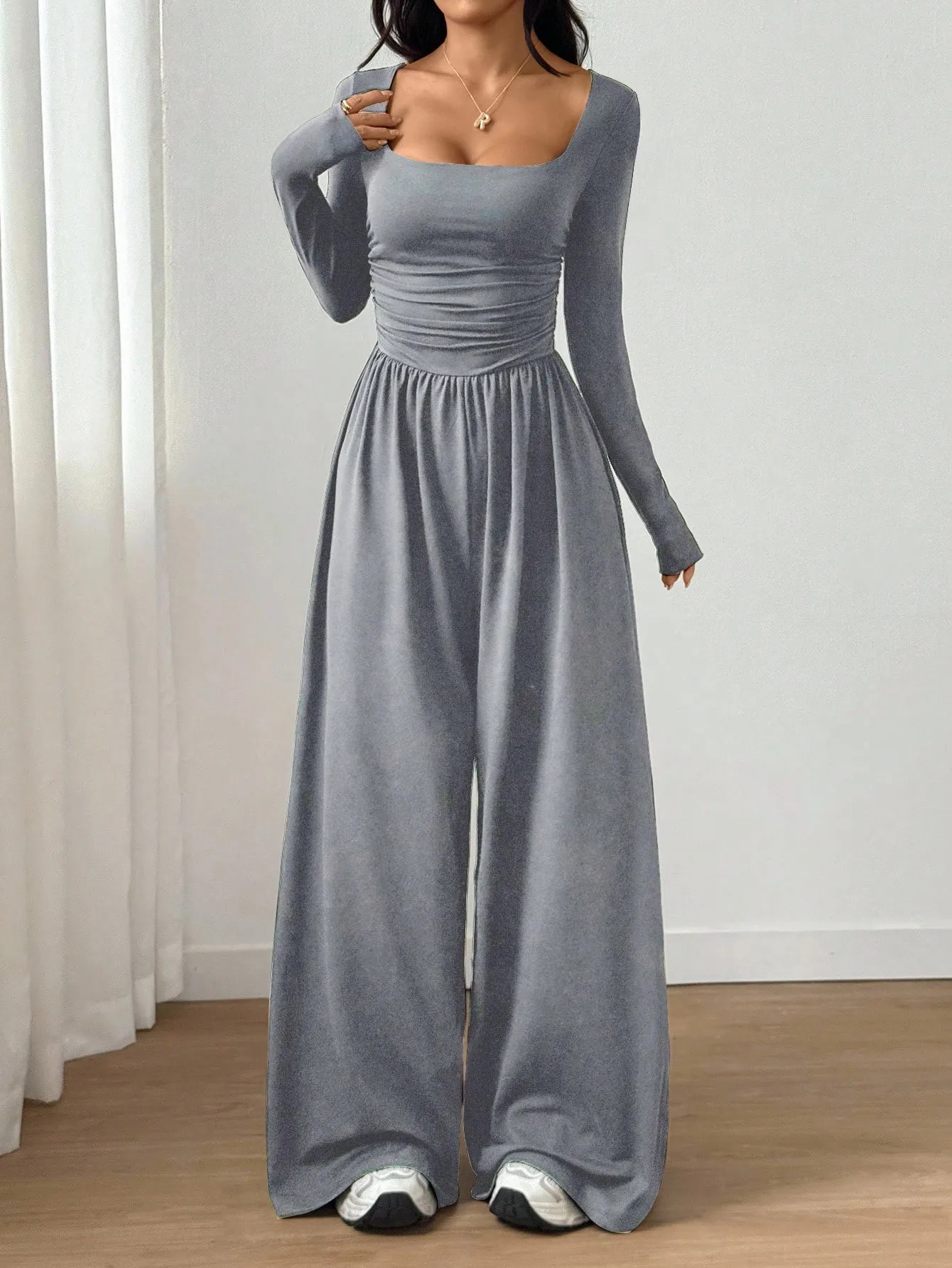 Women Jumpsuit Full Sleeve Square Neck Slim Fit Solid Work Wide Leg Long Pants One Piece Y2k Streetwear Jumpsuits Autumn 2026