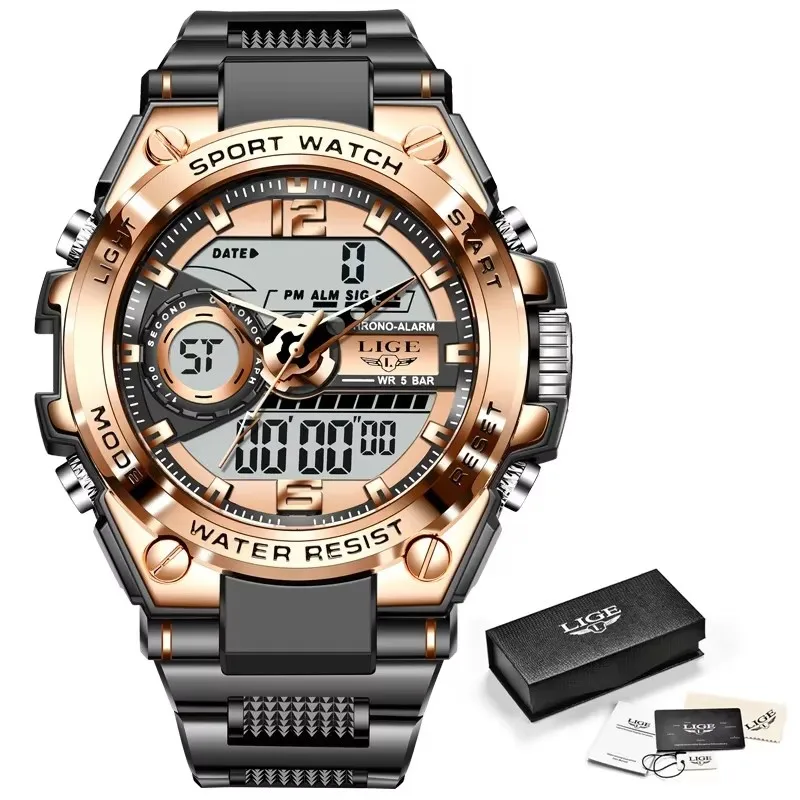LIGE Men Military Watch Digital 50m Waterproof Wristwatch LED Quartz Clock Sport Watch Male Big Watches Men Relogios Masculino