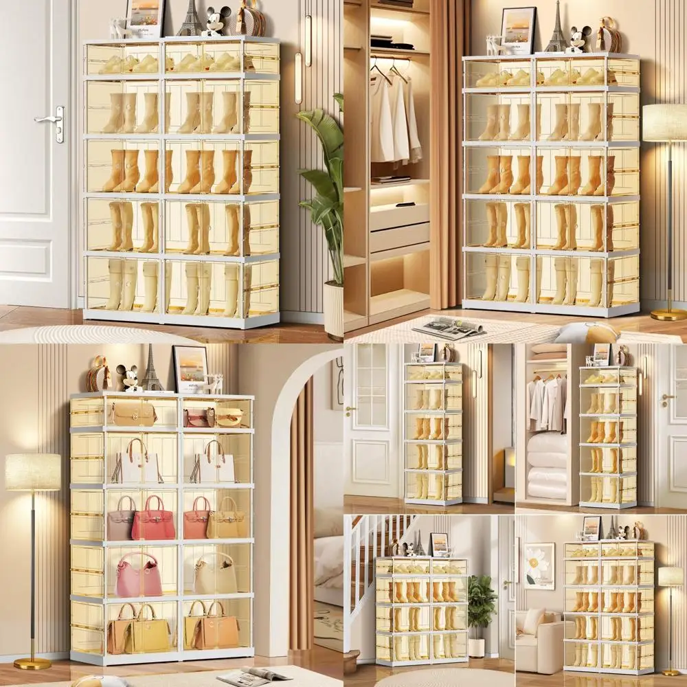 

Stackable 5-Tier Clear Plastic Shoe Organizer for 10-20 Pairs, Foldable Shoe Rack for Closets and Entryways