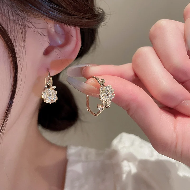 Exquisite Blätter-Kristallblumen-Ohrstecker für Damen, AAA-Zirkon, Rosen-Schmetterling-Quasten-Ohrringe, Brautschmuck für Hochzeit und Party – Detail 3