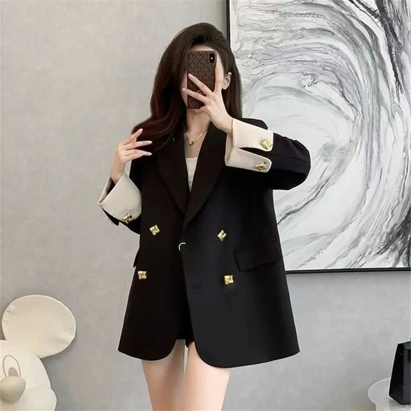 Korean Women\'s Blazer 2024 Spring Autumn New Double Breasted Color Matching Suit Coat Fashion Loose Long Sleeve Female Jacket