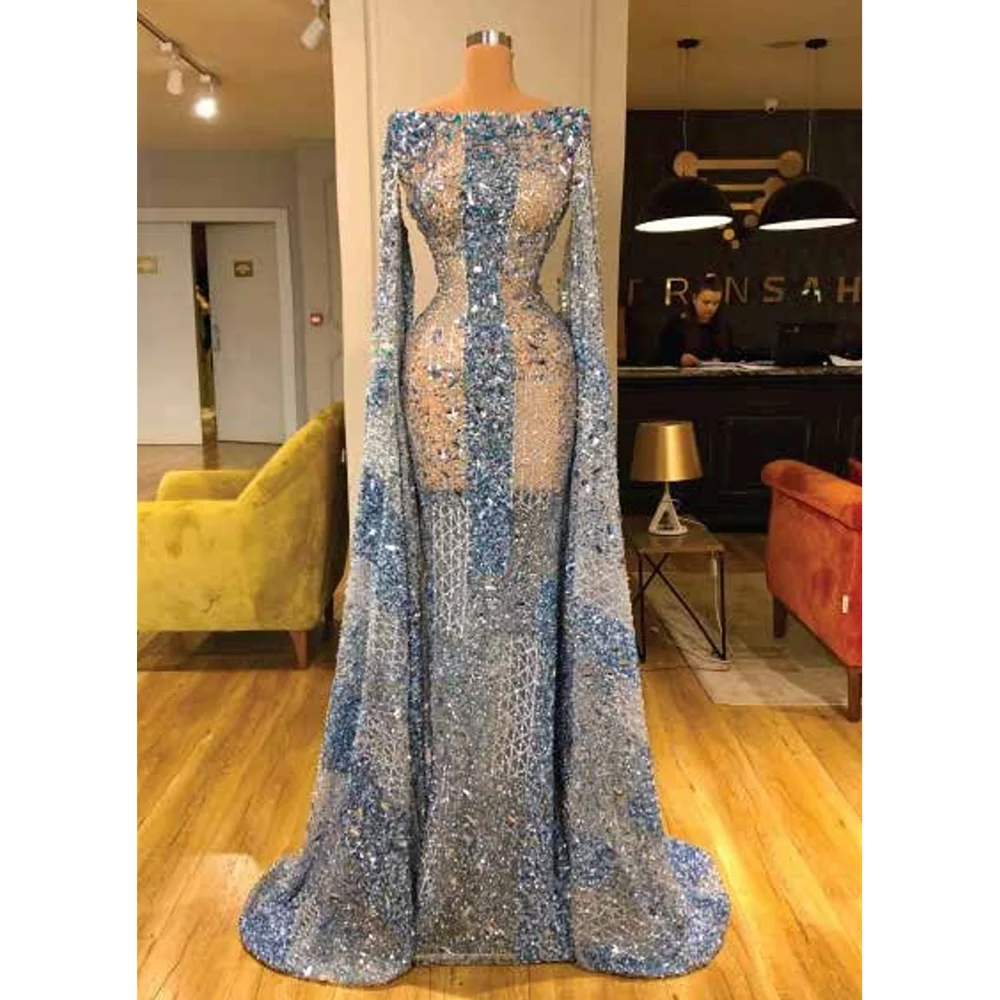 

Luxury Formal Evening Dress Square Neck Long Sleeves Women Gowns For Party Prom Floor Length With Sequins Beads Vestidos De Gala