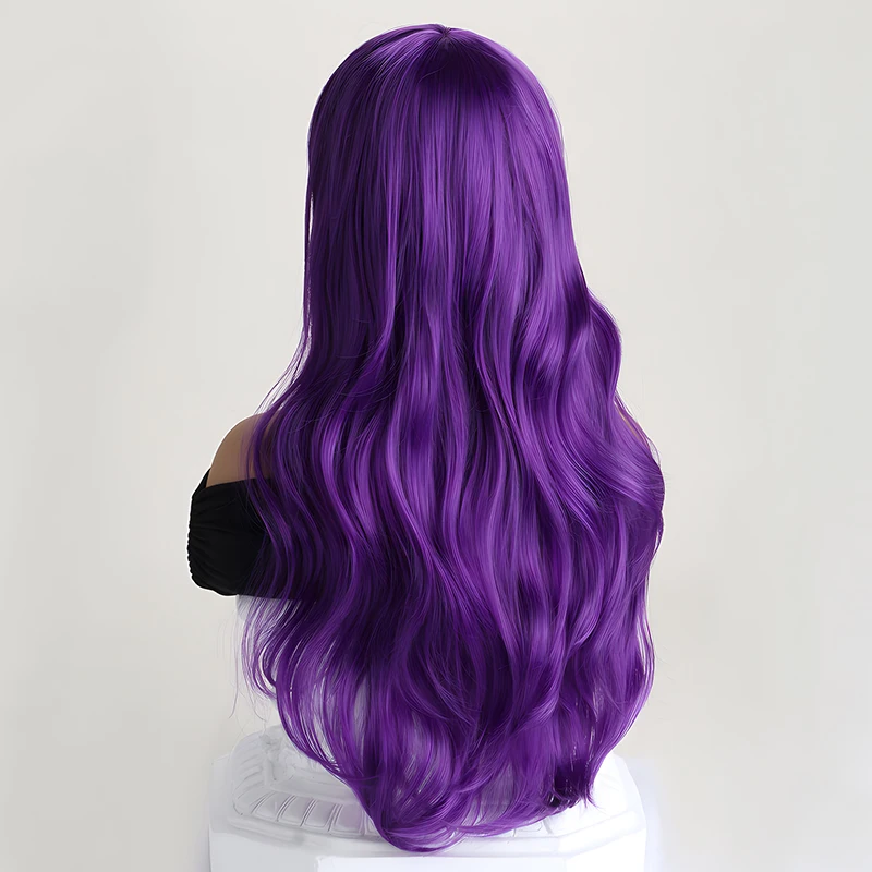 Elegant Long Purple Curly Wig With Side Bangs For Women - Heat Resistant Synthetic Hair，Perfect for Halloween Party