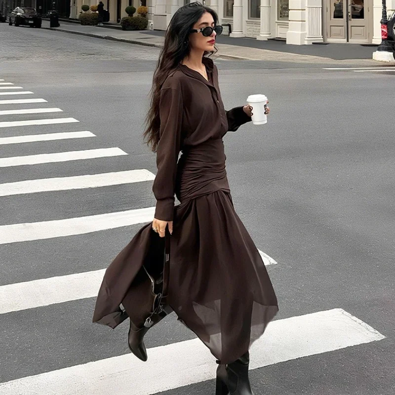 فستان قميص بأكمام طويلة مع طيات المرأة الصلبة موضة شبكة الربط التلبيب أزرار سليم مثير عالية الخصر فستان الخريف #4