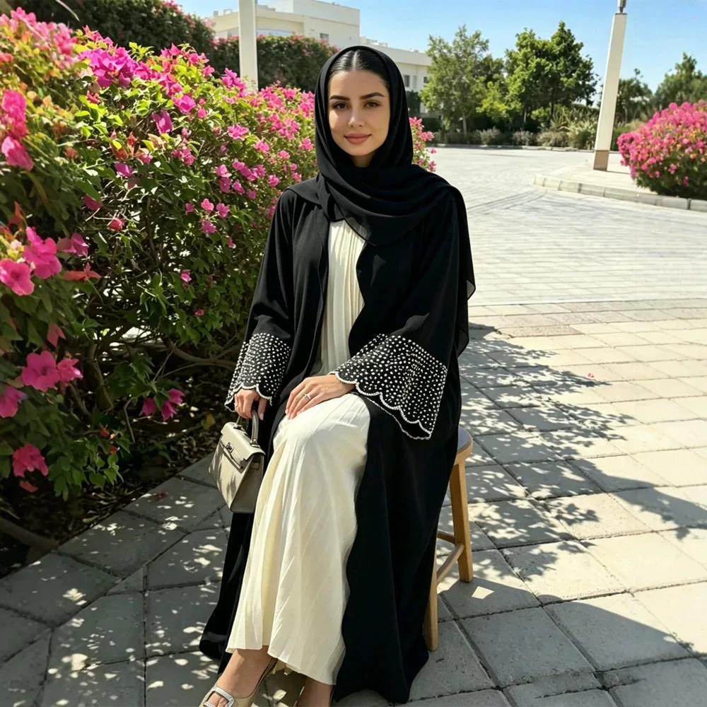 Eid Women Abaya Beading Dress Cardigan Robe Muslim Open Dresses Islam Ramadan Kaftan Dubai Morocco Abayas Vestidos Jalabiya
