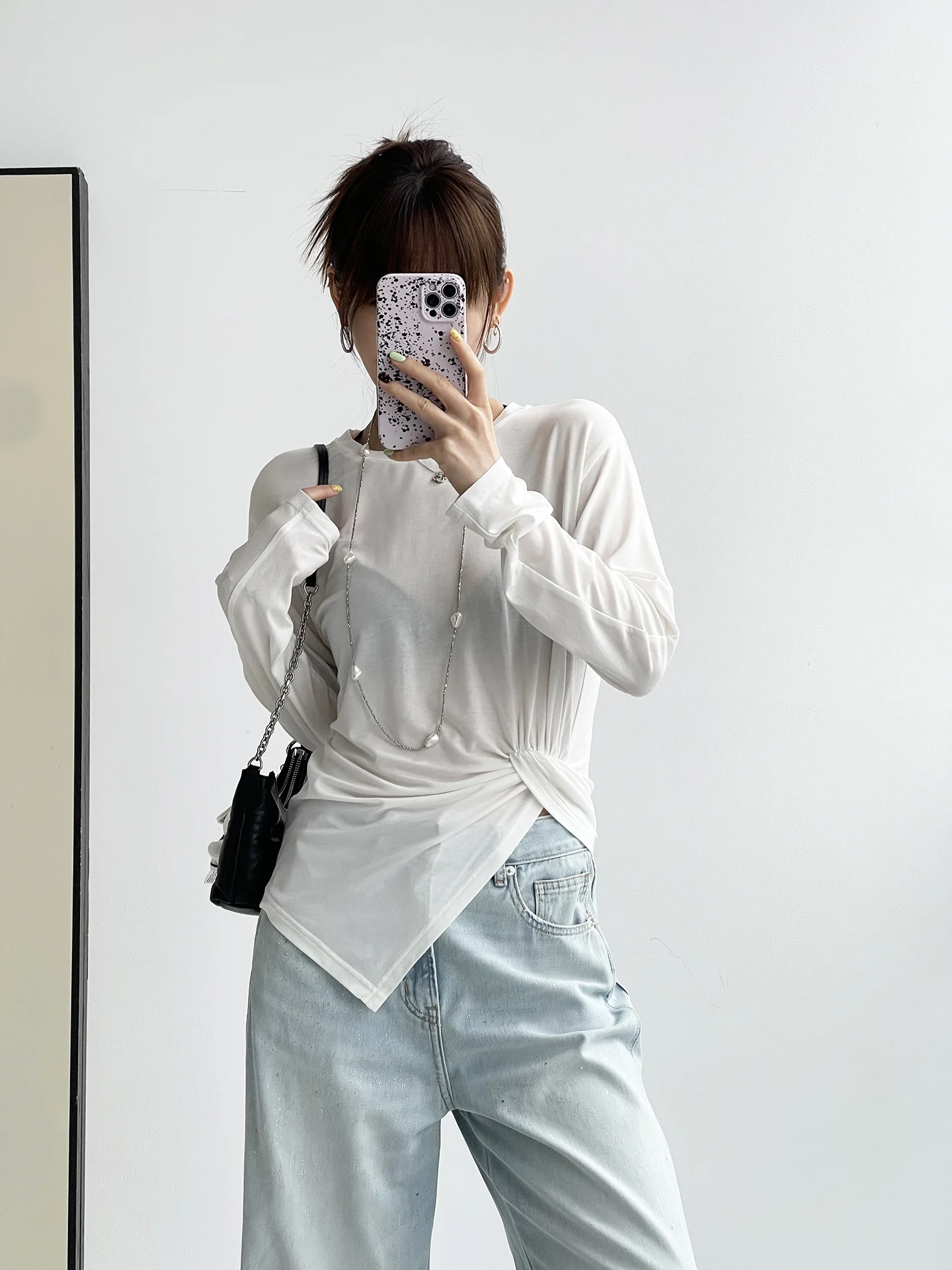 

T12262 Special Design T-Shirt Wool Silk Blend Asymmetrical Hemline Casual Style Women's Loose Fit round Neck Mid-Length Coat