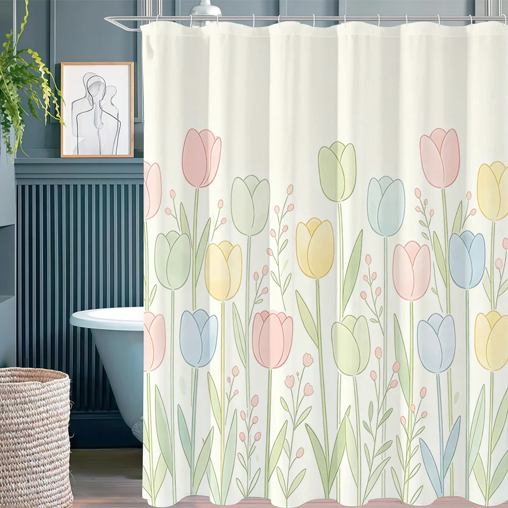 Pastel Tulip Shower Curtain, Colorful Spring Flower Garden Print Waterproof Bathroom Decor, Cute Floral Home Bath Screen