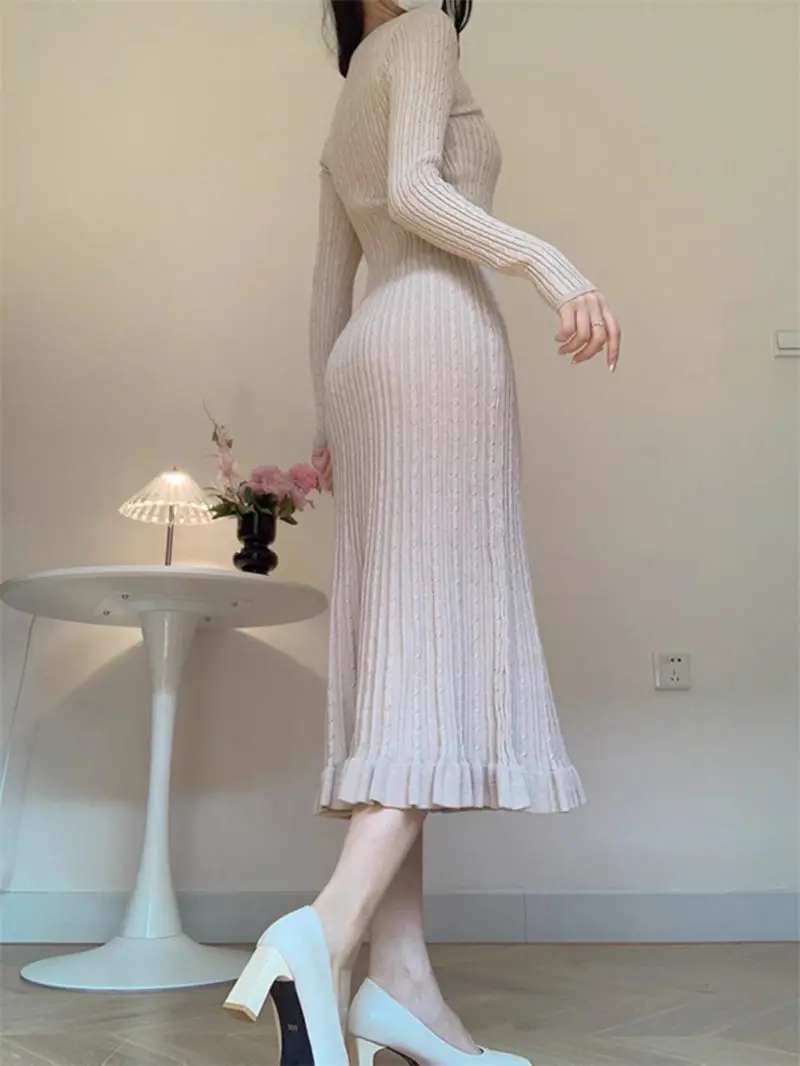 Autumn And Winter Knitted Dress With Low Round Neck Temperament Korean Version Slim Fit Versatile Base Sweater Dress Midi A360