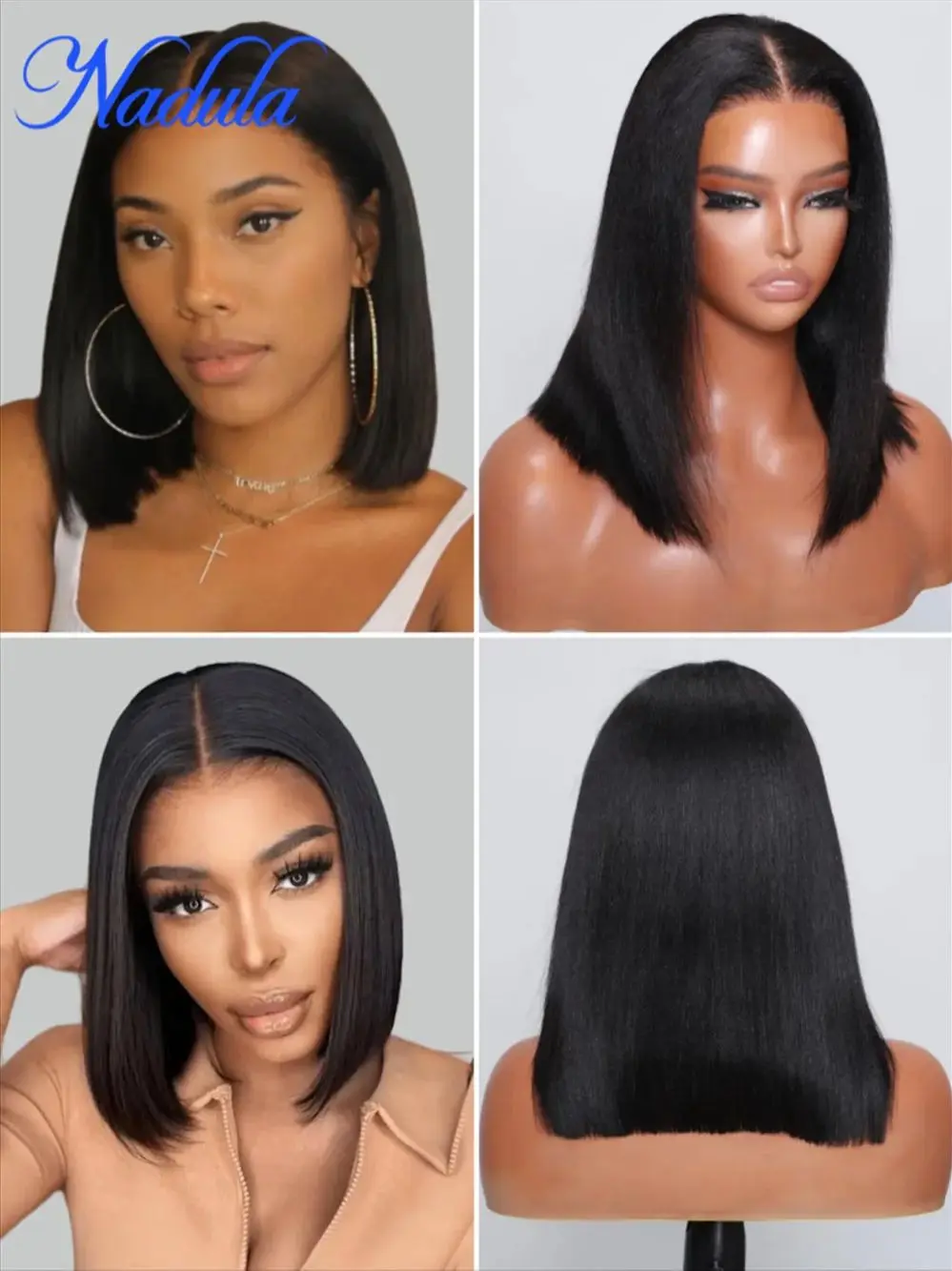 Nadula Hair-Perruque Bob Lace Closure Wig sans colle, cheveux Yaki lisses, 7x5, 13x4, pré-implantés, aspect naturel