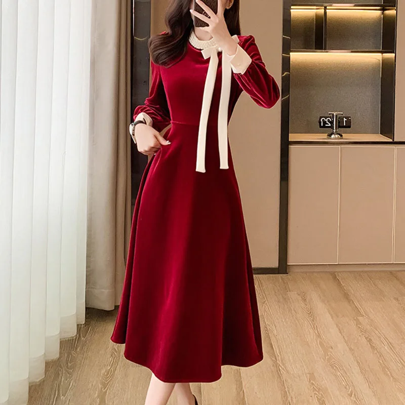 French vintage velvet Women dresses fashion Beading ribbon Evening dresses for women elegant slim long sleeve party dress 2025