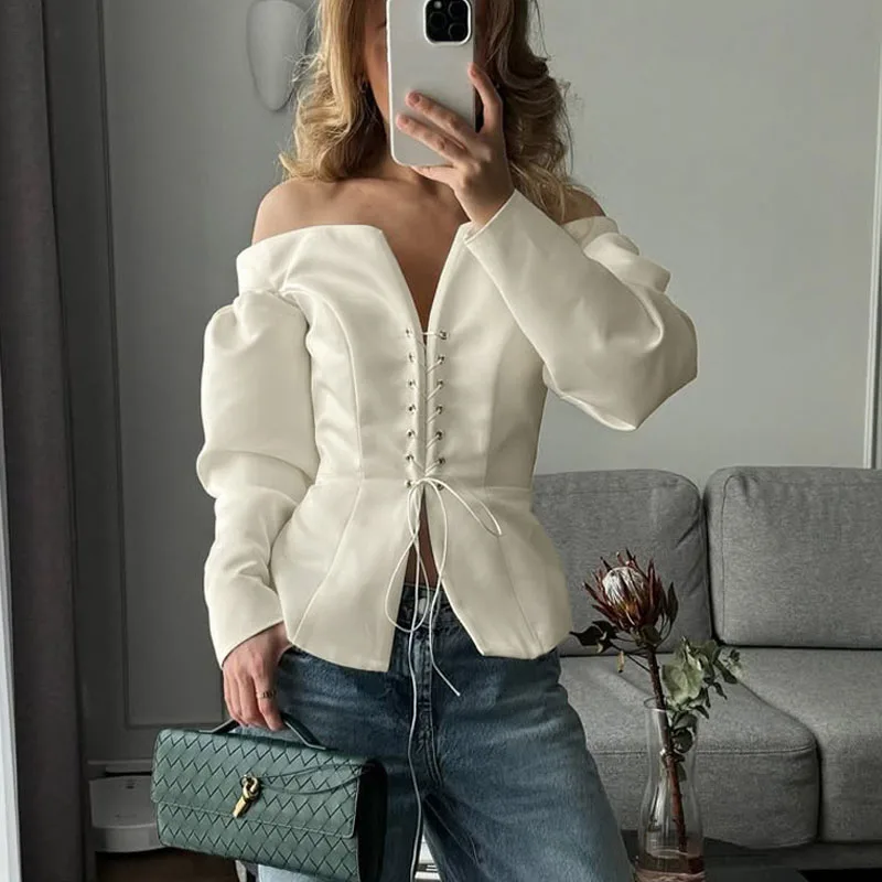 Iridesse Sexy Hot Girl, One-shoulder Cardigan, Fashion New Design, Lace-up, Long-sleeved, Versatile French Top