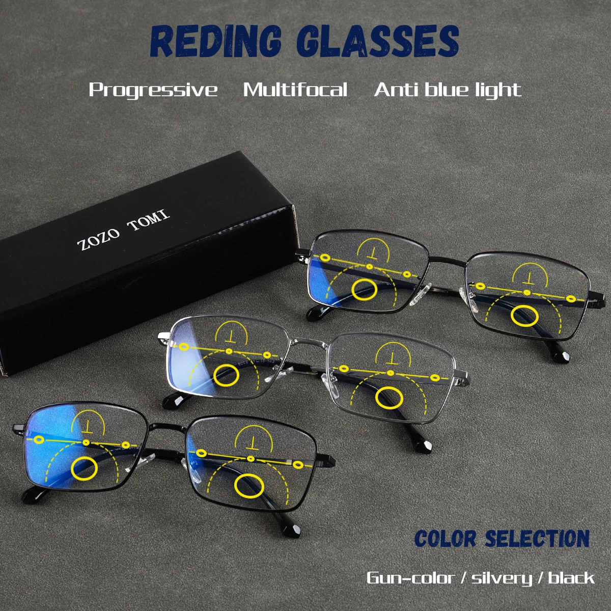 Progressive Multifokal-Lesebrille, Blaulichtfilter-Gläser, klare Sicht aus der Ferne und aus der Nähe, Metallrahmen, Unisex.