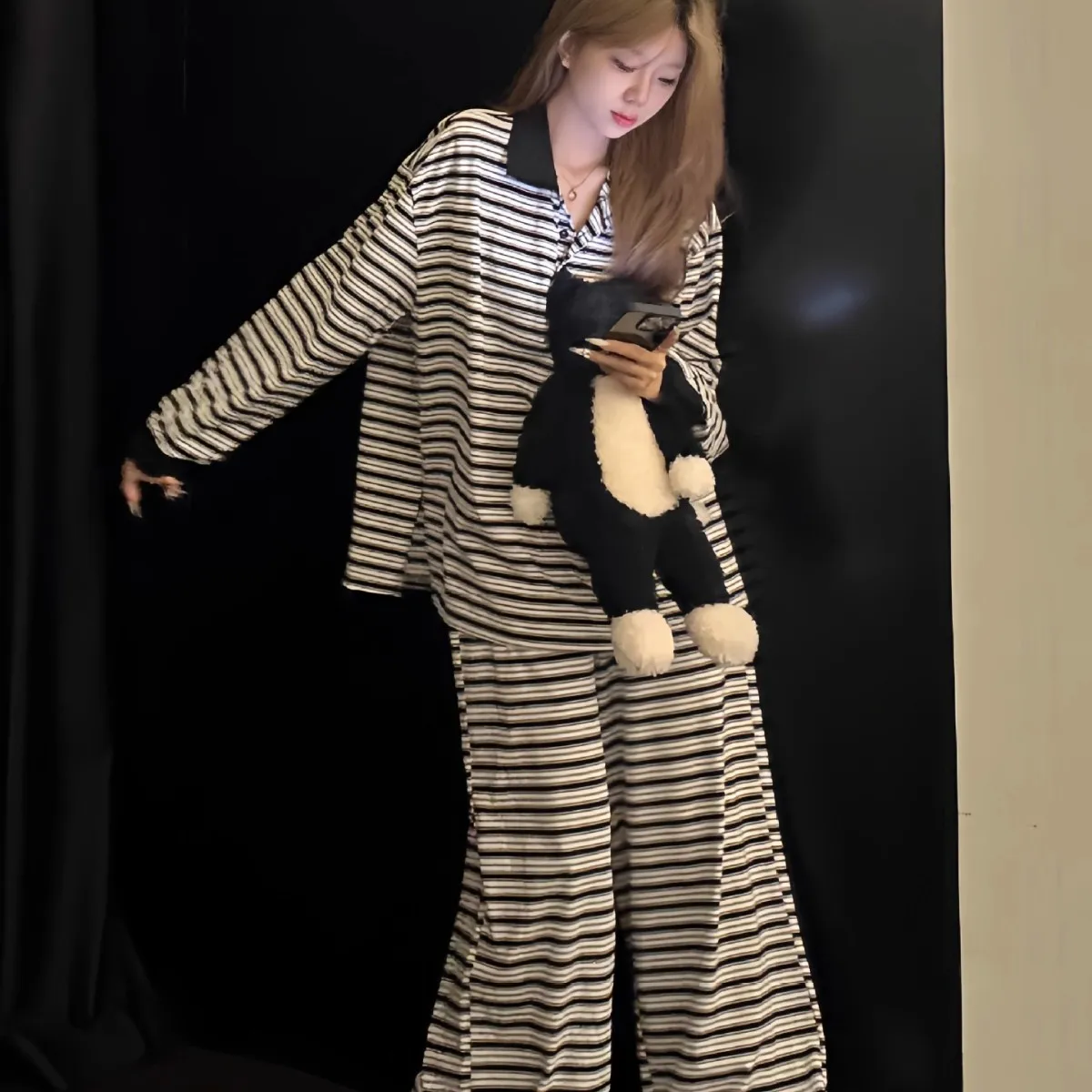Women Half-Zip V-Neck Spring Autumn Women Pajamas Striped Long-Sleeve Top Pants Sleepwear Girls Students Women Homewear Pajamas