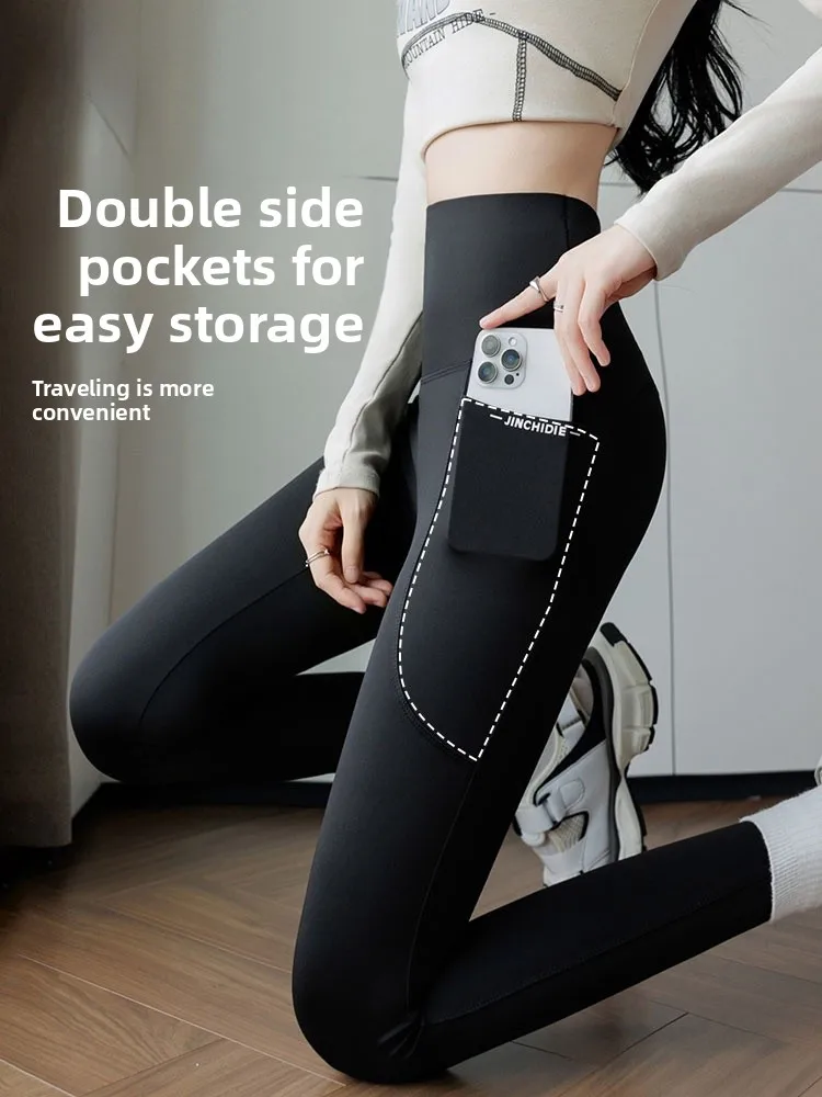 High-Waist Women's Fitn Pants with kets Elastic Slimming Lightweight Comfortable Nine-Piece Sports Pants  Person