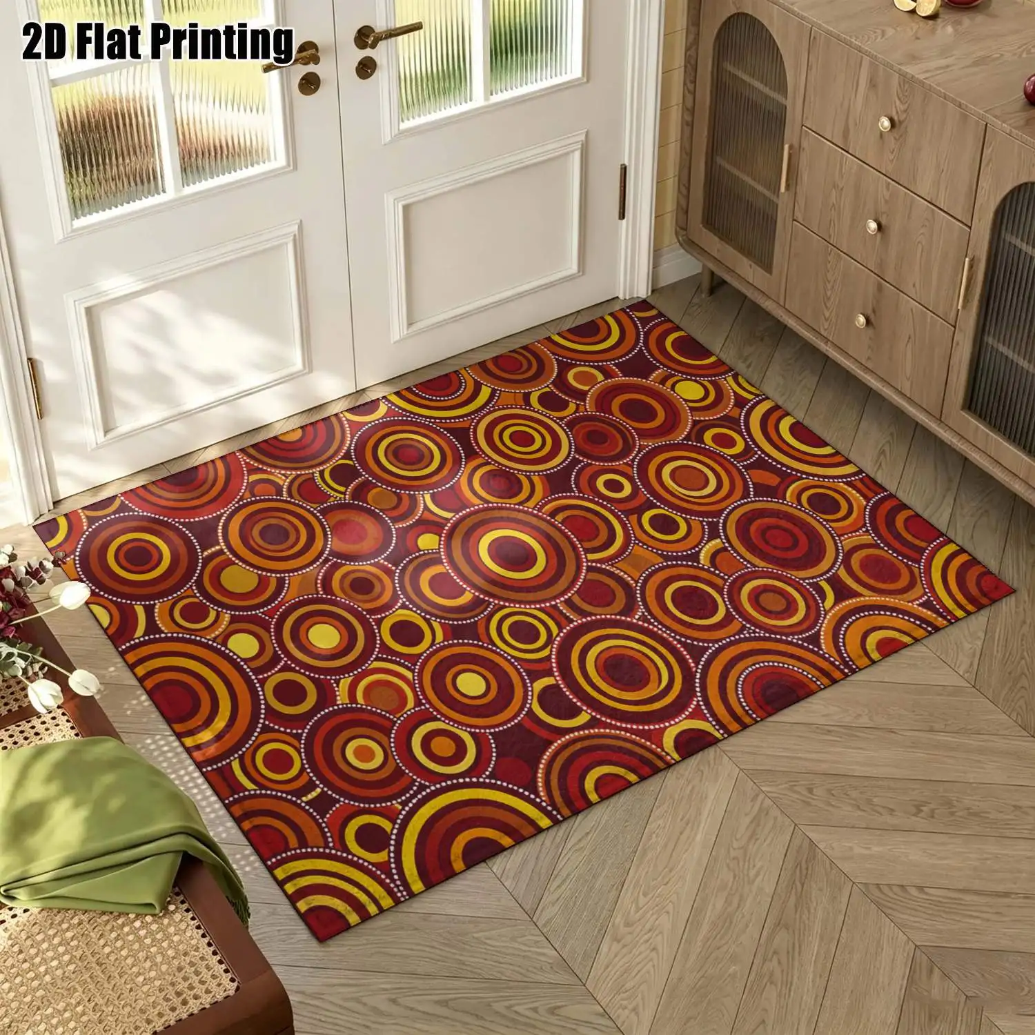 1Pc 2D Printed Carpet: Warm Brown Yellow Concentric Circle Pattern, Retro/Bohemian/Minimalist, Machine Washable, Multi-Size, Multi-Scene Home Decor