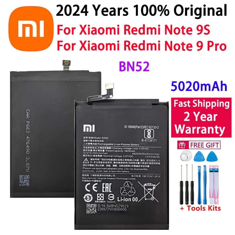 

2024 года, 100% оригинальный аккумулятор BN52 5020 мАч для Xiaomi Redmi Note 9S Note 9 Pro, сменные аккумуляторы для телефона, быстрая доставка