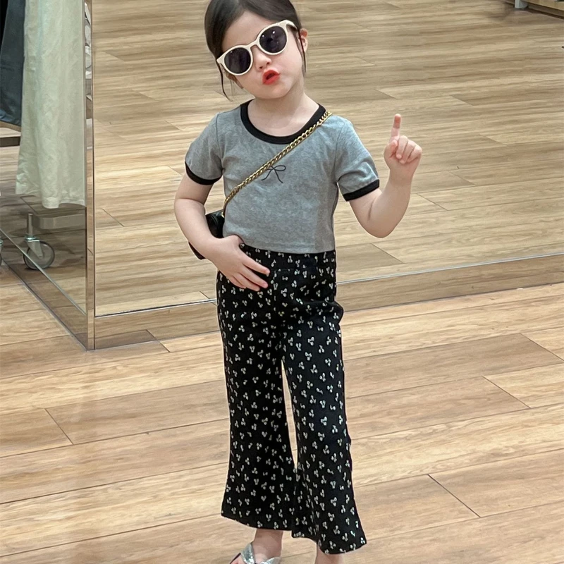 Girls T-Shirt 2024 Summer Sweet Bow Knot Printing Short Baby American Tight Fitting Casual Simple Fashion Korean Active Cool