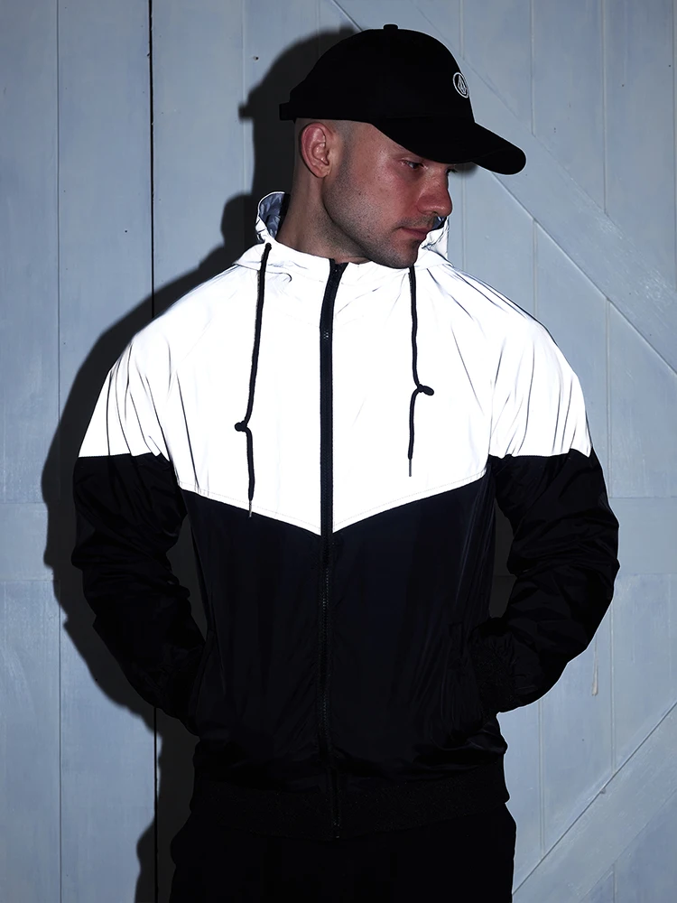 Men's Night Reflective Jacket Casual Hooded Windproof Jacket Outdoor Fishing Running Fashion Coats Patchwork Hip-hop Streetwear