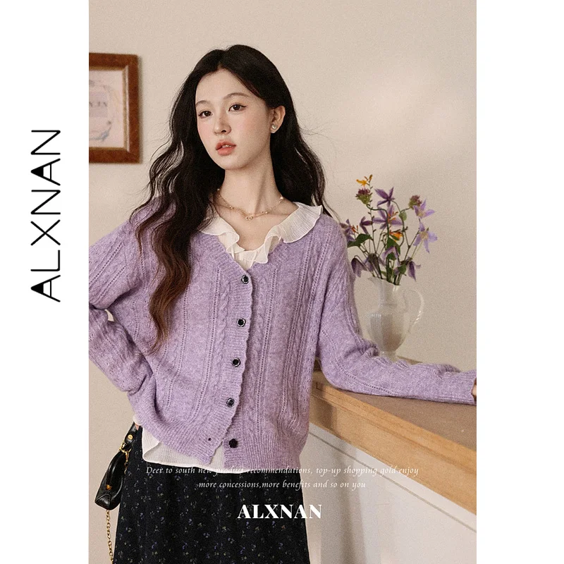ALXNAN Purple Long Sleeve Sweater 2026 V-neck Hollow Out Design Cardigan Top Loose-fit Elegant Vintage Female Clothing L67715