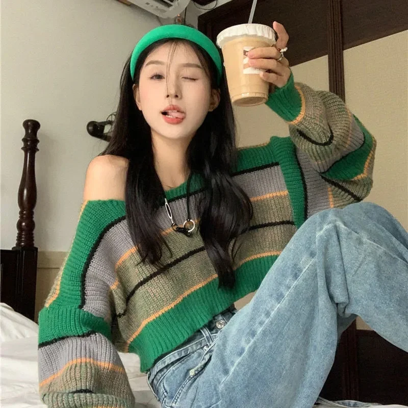 Short Lazy Style Contrast Striped Sweater Women Autumn 2023 New Spicy Girl Pullover Cropped Knitted Y2K Top