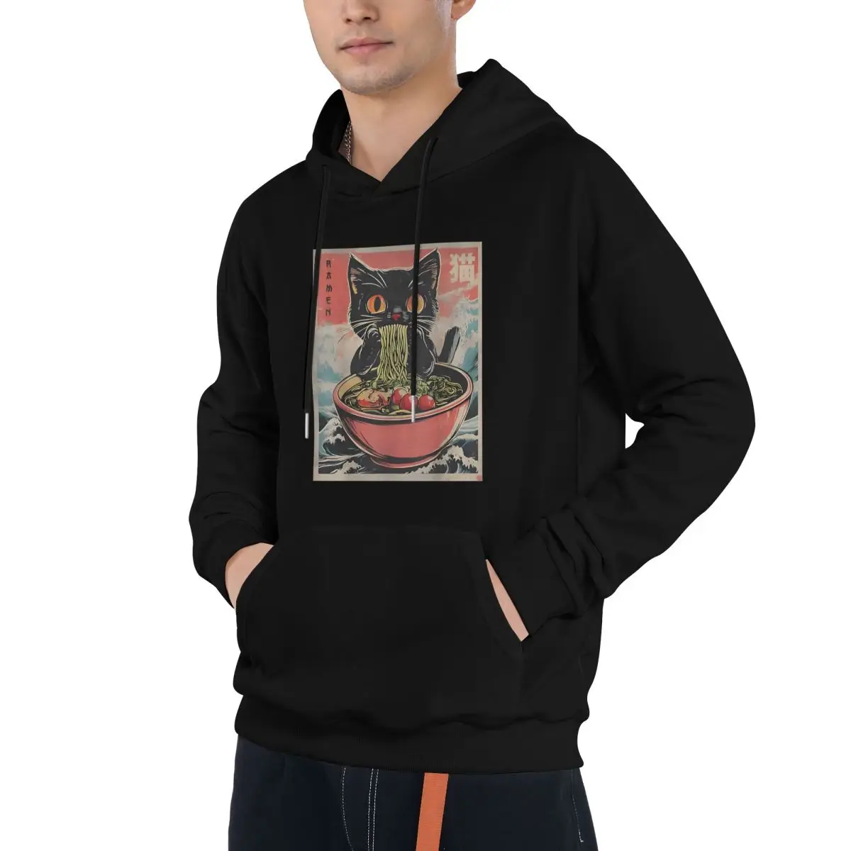 Funny Cat Ramen Men's Simple Hooded Sweatshirts Long Sleeve Casual Waffle Knit Pullover Hoodies with Plain Kanga Pocket