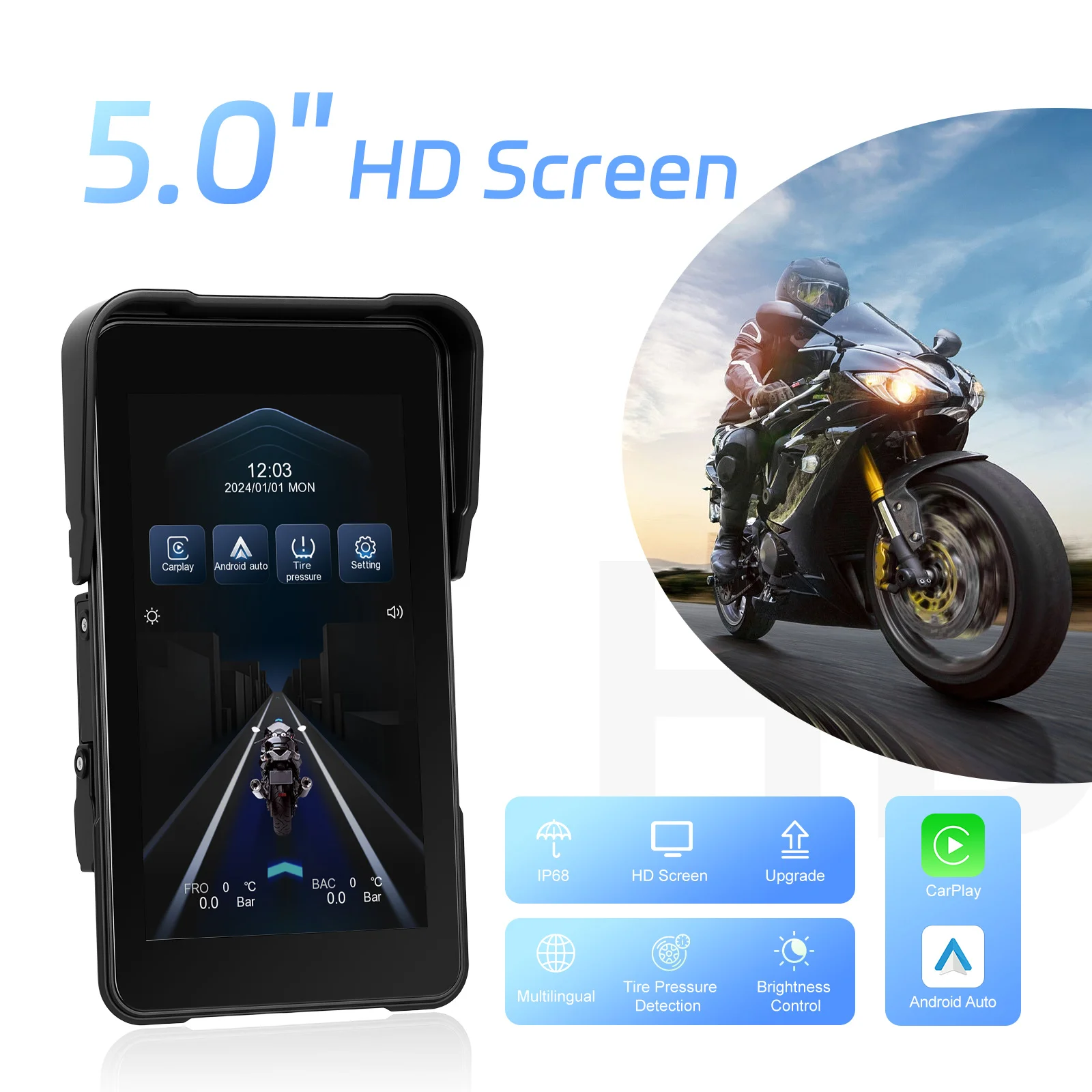 Podofo 5-Zoll-Vertikalbildschirm, intelligentes Motorrad-Display, kabelloses Carplay, Android-Auto-Navigation, IP68, wasserdicht, BT, Helligkeitseinstellung, Motorrad-Monitor, 12 V, mehrere Sprachen, tragbarer Monitor, Smart Player – Detail 9