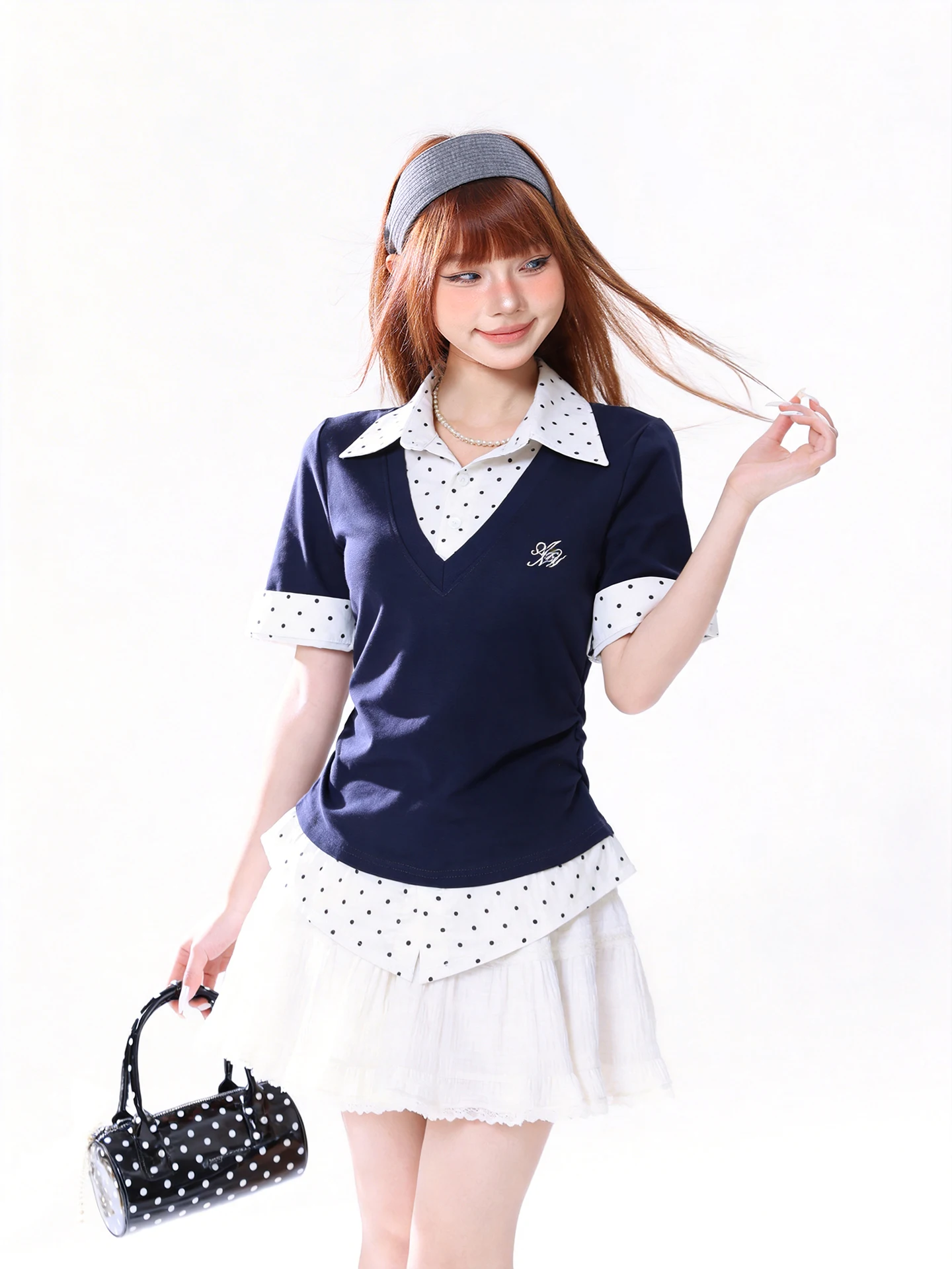 

Женская футболка с коротким рукавом, вышивкой на воротнике, приталенная, с завышенной талией, летний топ в студенческом стиле, имитация двухслойности