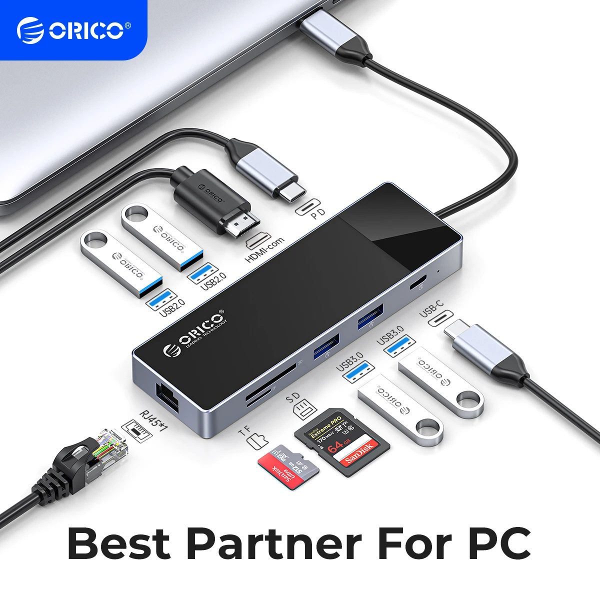 

ORICO USB C концентратор 4K 30Hz Тип C к HDMI-совместимый VGA RJ45 USB3.0 PD 100W адаптер SD сплиттер для Macbook iPad M1 PC Аксессуары