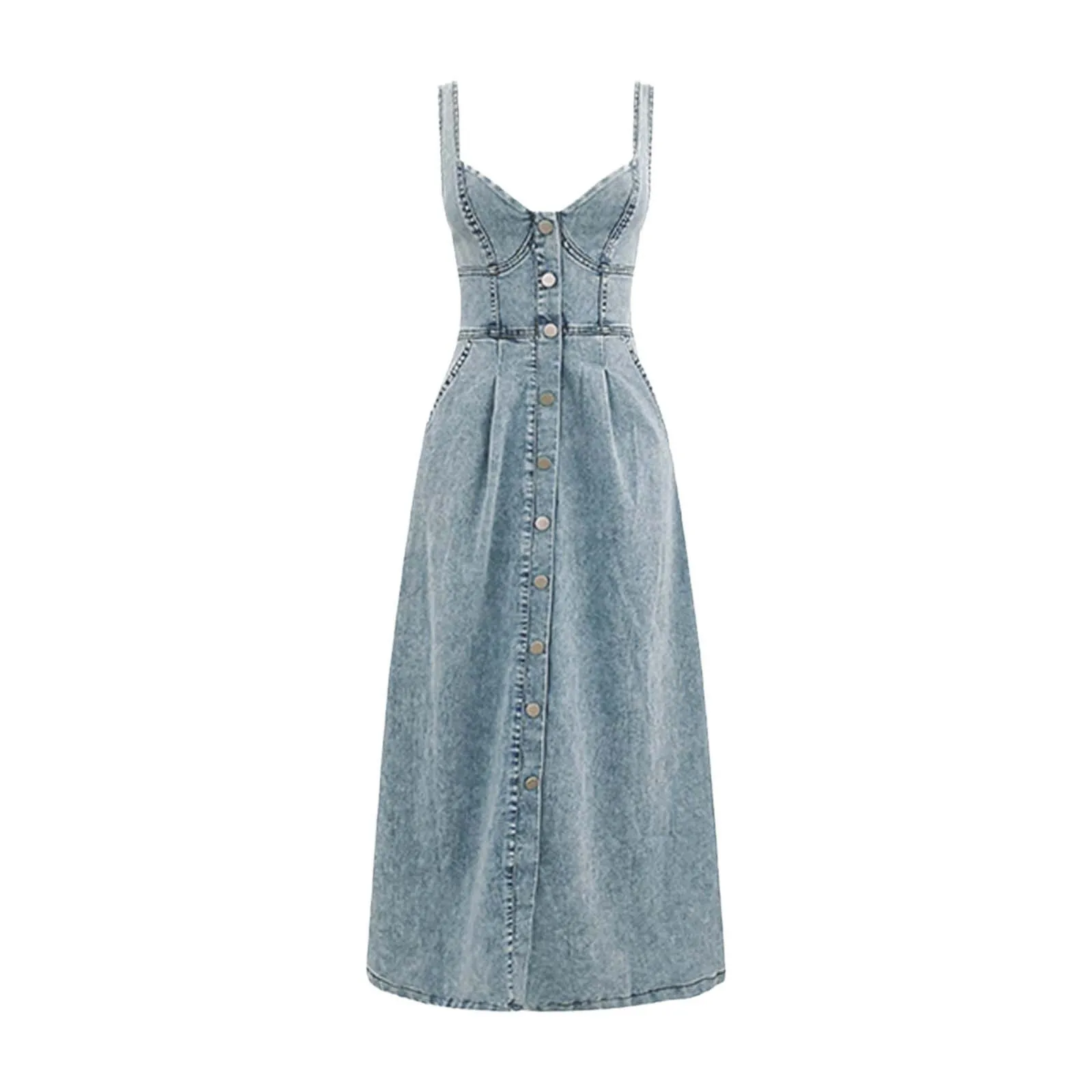 Vintage Denim Maxi Dress With Spaghetti Straps And Button Front For Casual Spring/Summer Look Womens Dress