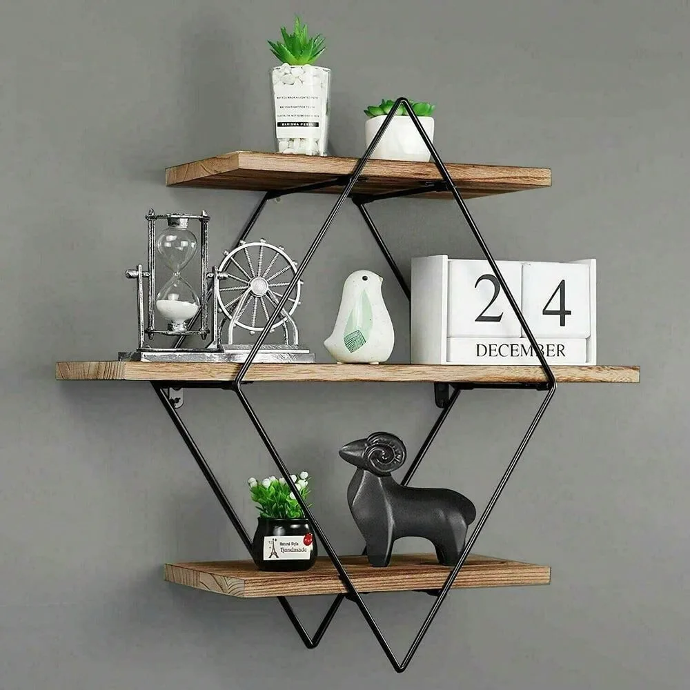 Diamond 3-tier Floating Shelves Metal Wall Shelf Unit Wood Display Storage Rack