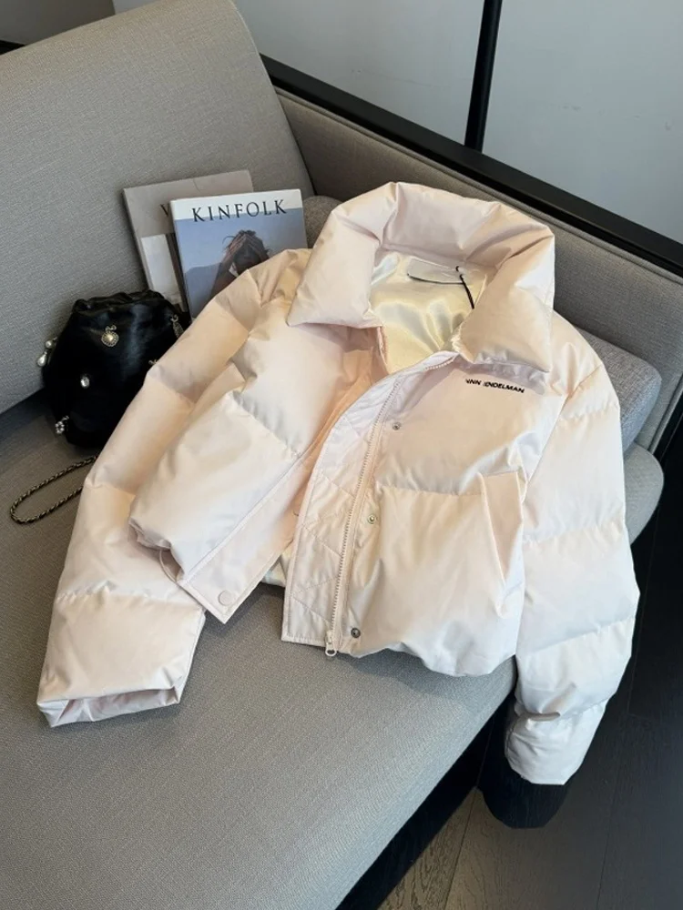 

Korean Sle Sweet Pink ort Cotton Jaet Women's Autumn Winter Warm Loose Bread Coat Stand Collar Simple Faion Outerwear