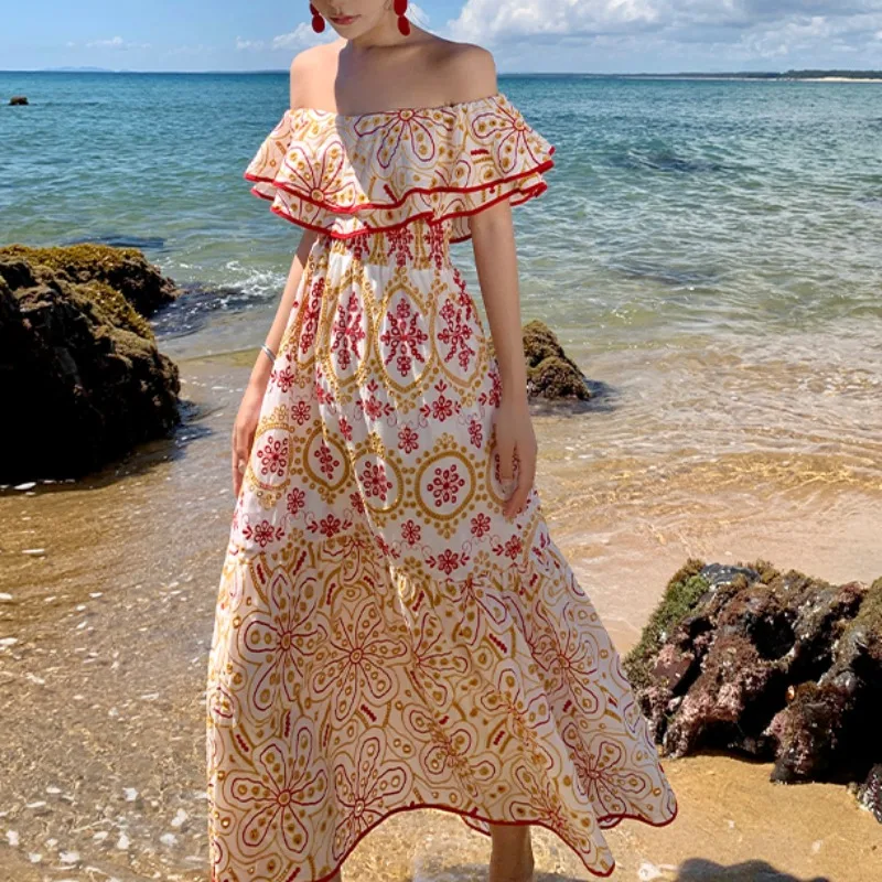 

Summer Vacation Vintage Dress Women Flower Embroidery Slash Neck Elegant Long Dresses Female Runway Design Women's Clothing