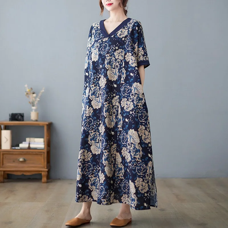 Chinese Vintage Style V-neck Flower Print Cotton Linen Dress for Women Summer New Fashion Short Sleeve Elegant Frocks Female