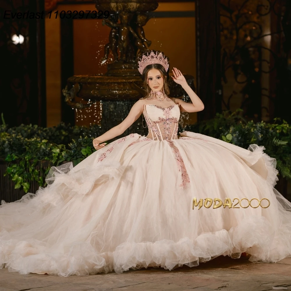 EVLAST Personalizzato Rosa Abito Quinceanera Abito di Sfera 3D Farfalla Applique Fiocco di Perline Messicano Dolce 16 Vestido De 15 Anos QD1085