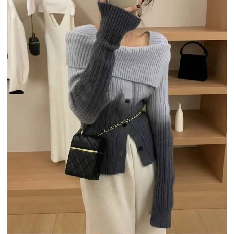 Autumn Winter New Lazy Style Korean Style Gradient One-shoulder Cardigan Top Coat Knitted Sweater Top
