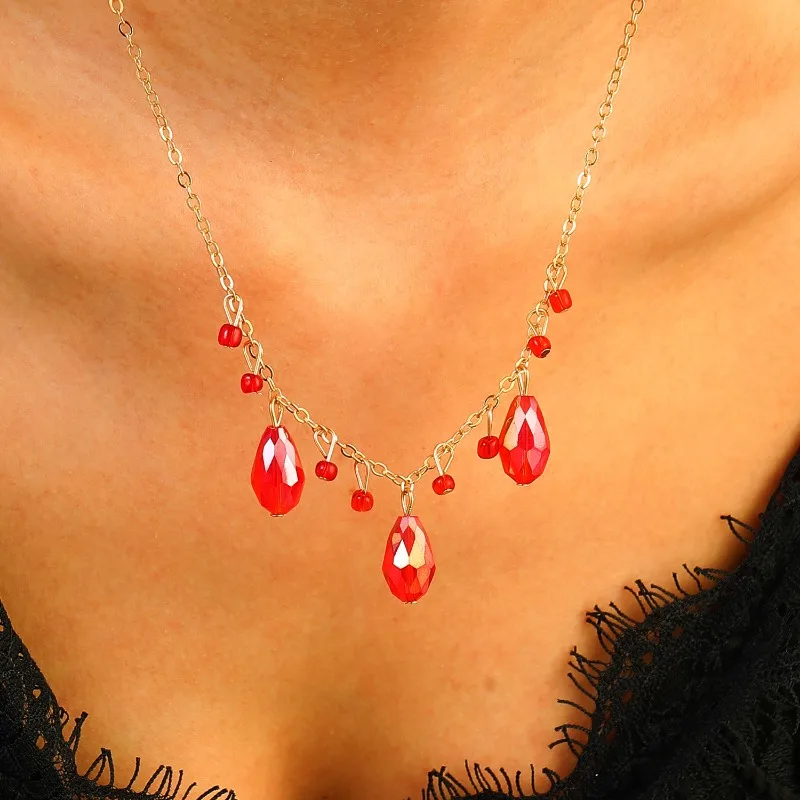 

Geometric Red Crystal Droplet Bead Pendant Necklace for Women Fashion Jewelry Minimalist Accessories Wholesale Party Halloween